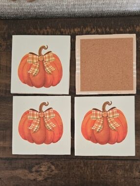 Autumn Pumpkin Ceramic Coaster Set - Orange Plaid Bow